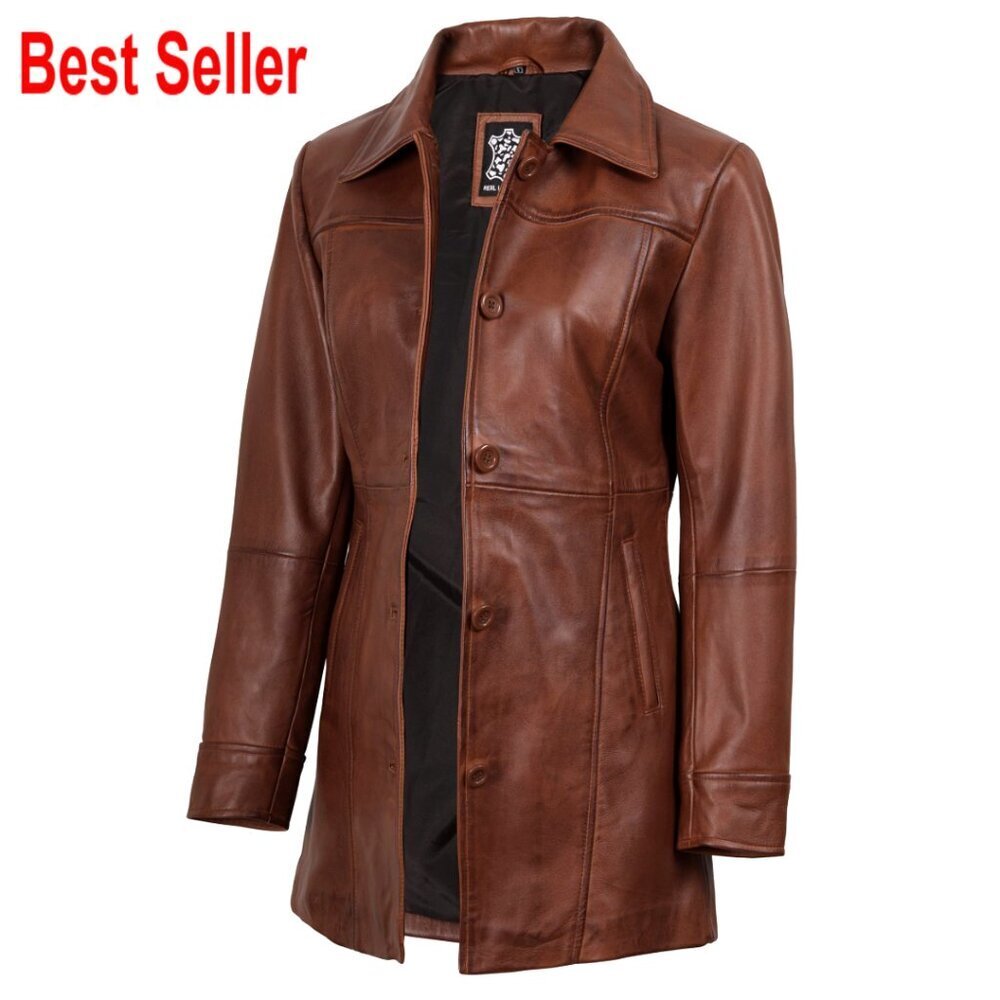 Real Lambskin Leather Coat Women Long Sleeve Trench Style